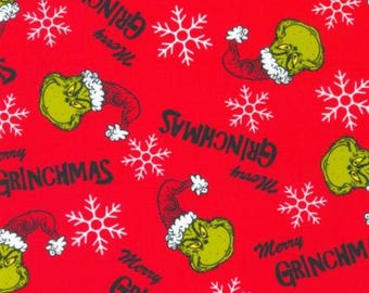Grinch Fabric, Merry Grinchmas Head Toss, Dr. Seuss How the Grinch Stole Christmas Quilting Cotton Fabric, Robert Kaufman Red Grinch Fabric