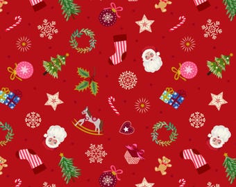 Festive Things Fabric, Little Festive Things on Red with Gold Metallic Accents by Lewis and Irene Quilting Cotton Fabric C120.2