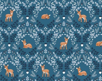 Deer Fabric, Wild Fawns Twilight Creatures on Blue by Natàlia Juan Abelló for Riley Blake Quilting Cotton Fabric, C15361-BLUE