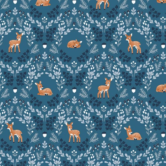 Deer Fabric, Wild Fawns Twilight Creatures on Blue by Natàlia Juan Abelló for Riley Blake Quilting Cotton Fabric, C15361-BLUE