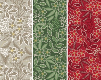 Winter Floral on Linen, Green or Red by Lewis & Irene Quilting Cotton Fabric, Poinsettia Christmas Floral, Metallic Noel Mono Holly Berry