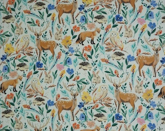 Woodland Animal Fabric, Painted Forest Animals Deer Fox Owl Hedgehog Flowers Novelty Cotton Fabric, Watercolor Forest Animals and Floral