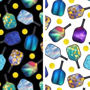 May include: A repeating pattern of pickleball paddles and yellow perforated balls. The paddles feature diverse designs including blue sky with clouds, purple galaxy, green bokeh, and iridescent gradients, set against solid black and white backgrounds.