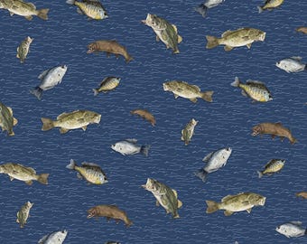 Fish Fabric, Fish Toss on Navy Blue Wake by the Lake Quilting Cotton by Riley Blake Quilting Cotton Fabric, Lake Life Fabric, C14891-NAVY