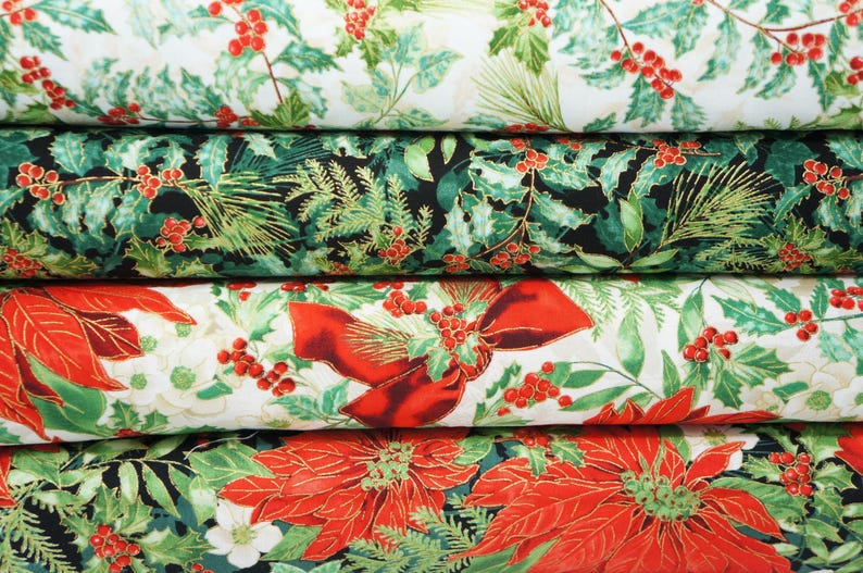Holly Fabric, Holly and Berries on Black with Gold Metallic Accents Christmas Musical by Benartex Quilting Cotton Fabric 14028M-07B 画像 8