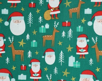 Metallic Santas with Presents and Reindeer on Green Novelty Cotton Fabric