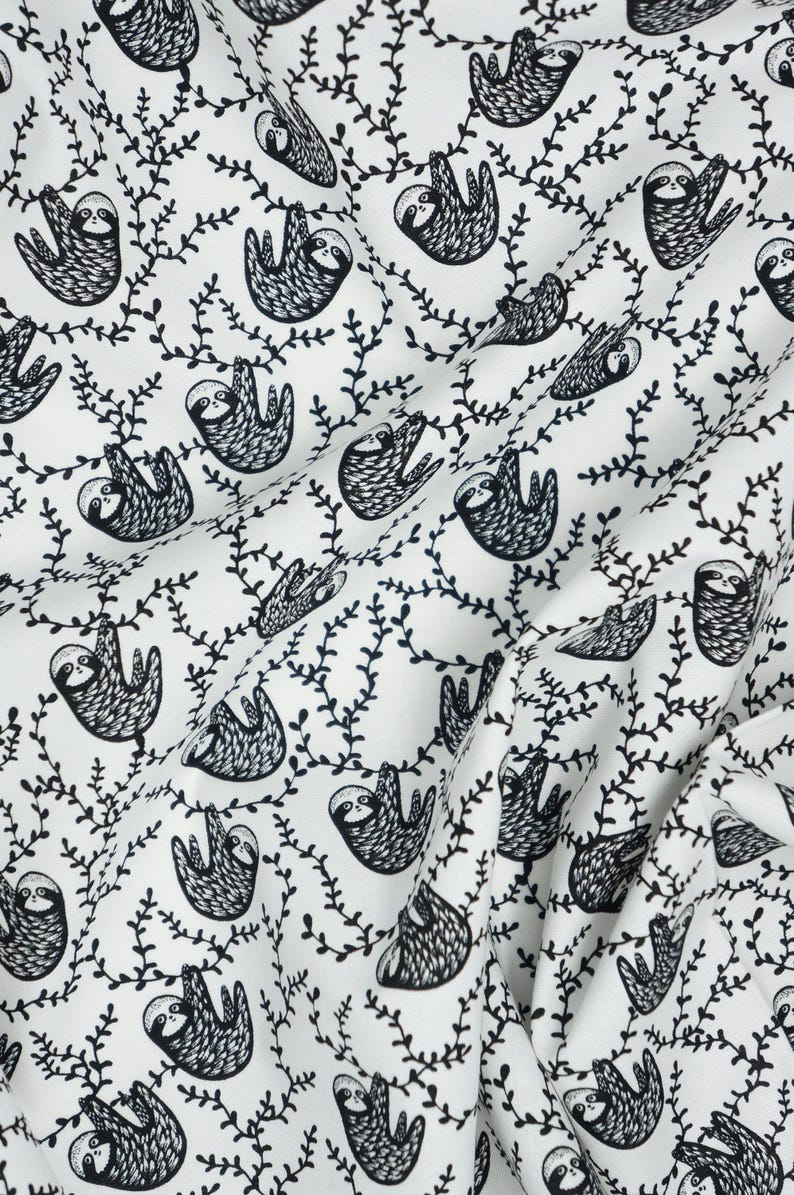 Black and White Sloths By Dear Stella Quilting Cotton Fabric, Small Print Sloths, ST-WG1985WHITE, ABC Menagerie by Wee Gallery Collection image 5