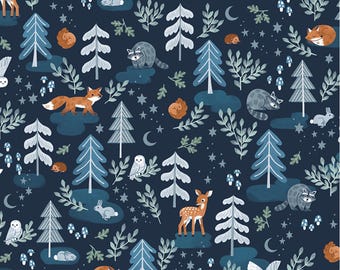 Woodland Animal Fabric, Main Twilight Creatures on Indigo Blue by Natàlia Juan Abelló for Riley Blake Quilting Cotton Fabric, C15360-INDIGO