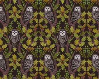 Owl Fabric, Wise Owls on Dark Oak Brown Old Quercus by Lewis and Irene Quilting Cotton Fabric A932.C