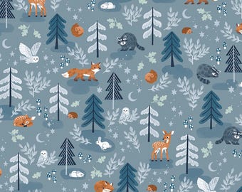 Woodland Animal Fabric, Main Twilight Creatures on Storm Blue by Natàlia Juan Abelló for Riley Blake Quilting Cotton Fabric, C15360-STORM