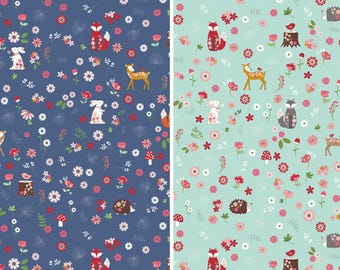 Woodland Animal Fabric, Enchanted Meadow Forest Friends on Denim Blue or Songbird Mint by Riley Blake Quilting Cotton Fabric