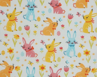 Spring Easter Bunnies on White Novelty Cotton Fabric, Easter Bunny Fabric, Rabbits, Multi Colored Easter Bunnies