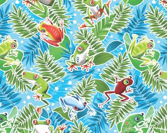 Frog Fabric, Rainforest Frog Glow on Light Turquoise by Kanvas Studio for Benartex Quilting Cotton, Tropical Tree Frog Fabric, Red Eyed Frog