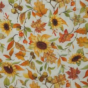 Fall Leaves and Sunflowers Fabric, Fall Plaid Leaves by Susan Winget for Springs Creative Novelty Cotton Fabric, Fall Acorns Fabric