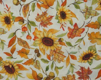 Fall Leaves and Sunflowers Fabric, Fall Plaid Leaves by Susan Winget for Springs Creative Novelty Cotton Fabric, Fall Acorns Fabric