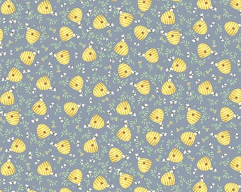 Honey Bee Fabric, Bee Hives on Gray Blue from the Honey Bear Collection by Timeless Treasures Quilting Cotton Fabric,