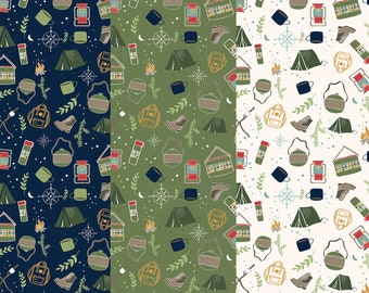 Camping Fabric, Love you S'more Main Navy Olive or Cream Riley Blake Quilting Cotton Fabric, Camping Gear Fabric