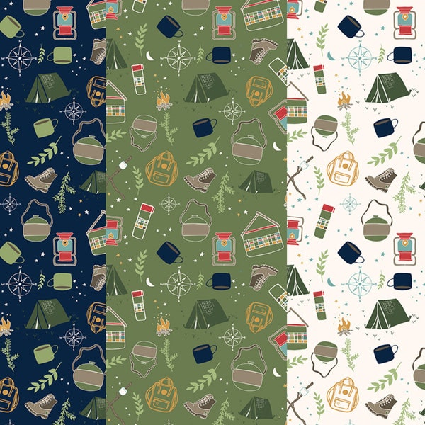 Camping Fabric, Love you S'more Main Navy Olive or Cream Riley Blake Quilting Cotton Fabric, Camping Gear Fabric