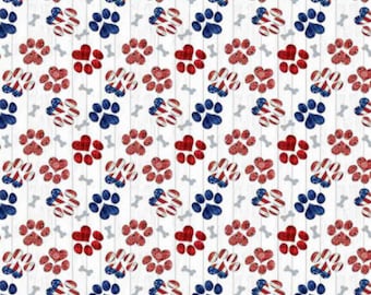 Patriotic Paw Prints Americana Paw Prints Novelty Cotton Fabric, Dog and Cat Paw Prints Independence Day 4th of July Novelty Cotton Fabric