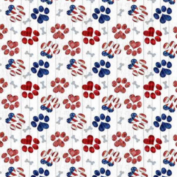 Patriotic Paw Prints Americana Paw Prints Novelty Cotton Fabric, Dog and Cat Paw Prints Independence Day 4th of July Novelty Cotton Fabric