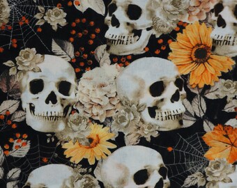 Skulls and Fall Floral Halloween Novelty Cotton Fabric, Autumn Skull Fabric, Day of the Dead Fabric