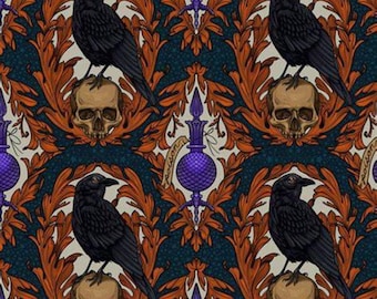 Crow Fabric, Crow Damask Multi Mystic Moonlight by Rachel Hauer for FreeSpirit Quilting Cotton Fabric, Witch Fabric PWRH087.MULTI