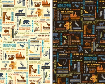 National Park Words Fabric, National Park Words on Black or Cream by Riley Blake Quilting Cotton Fabric