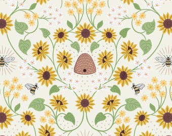 Bee and Sunflower Fabric, Beehive and Sunflowers on Cream by Lewis and Irene Quilting Cotton Fabric, A747.1