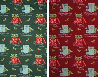 Baby Yoda Christmas Star Wars Child Small Packages Green or Red Licensed by Camelot Fabrics Quilting Cotton Fabric