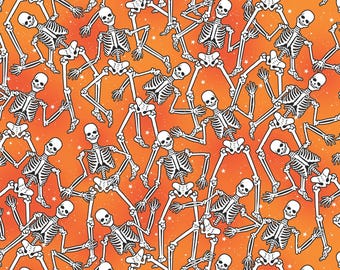 Glow Halloween Skeleton Fabric, Skeleton Crew on Orange Glow in the Dark Halloween Spirit by Benartex Quilting Cotton Fabric, 12542G-38B