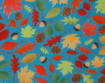Fall Leaves Fabric, Leafy Fall Fun on Teal by Andi Metz for Benartex Kanvas Studio Quilting Cotton Fabric, Thanksgiving Fabric, 14236-84B