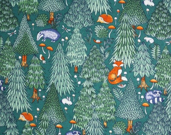 Forest Animals Woodland Animals on Green Nursery Snuggle Cotton Flannel Fabric, Fox Hedgehog Racoon Badger Trees and Mushrooms