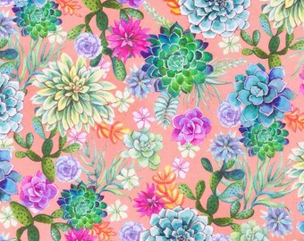 Succulent Fabric, Coral Desert Blooms by Elena Vladykina for Robert Kaufman Quilting Cotton Fabric, Echevaria Fabric, Aeonium Fabric