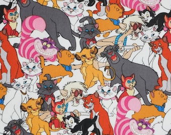 Disney Cats Packed Characters Licensed Cotton Fabric, Simba, Marie, Aristocats, Cheshire Cat, Bagheera, and Figaro