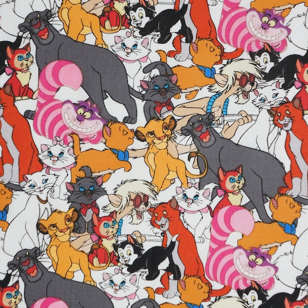 Disney Cats Packed Characters Licensed Cotton Fabric, Simba, Marie, Aristocats, Cheshire Cat, Bagheera, and Figaro