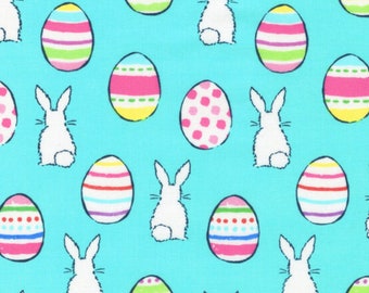 Easter Bunny Fabric, Bunnies with Easter Eggs on Blue by Robert Kaufman Fabrics Quilting Cotton Fabric, Bunny Egg Hunt AMF D#74247