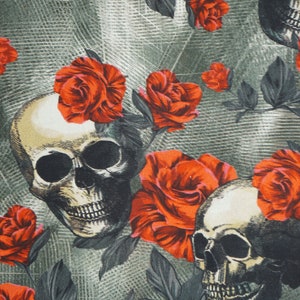 Skulls And Roses Fabric, Tossed Skulls and Red Roses Novelty Cotton Fabric image 4