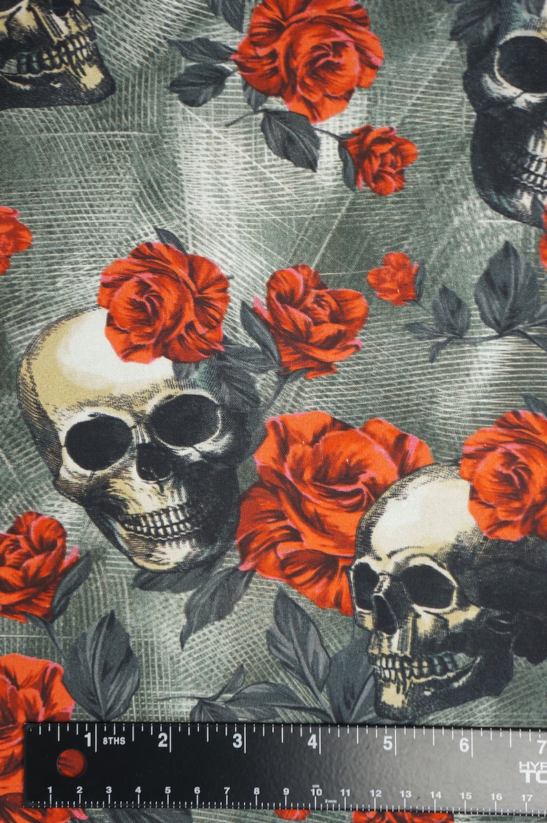 Skulls And Roses Fabric, Tossed Skulls and Red Roses Novelty Cotton Fabric image 4
