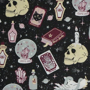 Mystical Objects Halloween on Black Novelty Cotton Fabric, Palm Reading, Crystal Ball, Fortune Telling, Skulls Pink Magic Fabric