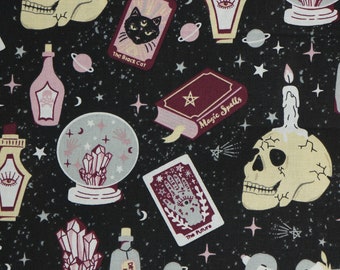 Mystical Objects Halloween on Black Novelty Cotton Fabric, Palm Reading, Crystal Ball, Fortune Telling, Skulls Pink Magic Fabric