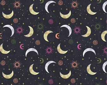 Moon and Stars Fabric, Metallic Stars and Cresent Moon Fabric by 3 Wishes Quilting Cotton Fabric, Moonlight, Celestial Nursery Fabric