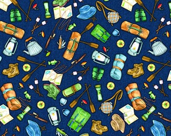 Camping Fabric, Gone Camping Motifs Navy Live, Love, Camp Benartex Kanvas Studio Quilting Cotton Fabric, Camping Gear, 14453-55B