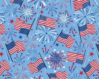 Patriotic Fireworks Fabric, Patriotic Flag Celebration on Medium Blue by Benartex Quilting Cotton Fabric, Patriotic Flag Fabric 4150B-54
