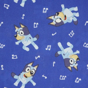 Bluey Fabric, Disney Junior Bluey Dance Mode Music on Dark Blue Licensed by Springs Creative Novelty Cotton Fabric, Disney Bluey Fabric