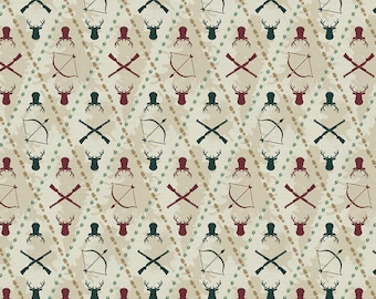 Hunting Fabric, Bow and Arrows on Beige Hunters Haven by Paintbrush Studio Quilting Cotton Fabric, Camping Fabric, Deer and Bow Motifs