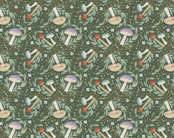 Mushroom Fabric, Woodland Mushrooms on Lagoon Green Cottage Core by Jessica Flick for Benartex Quilting Cotton Fabric 16377B-84