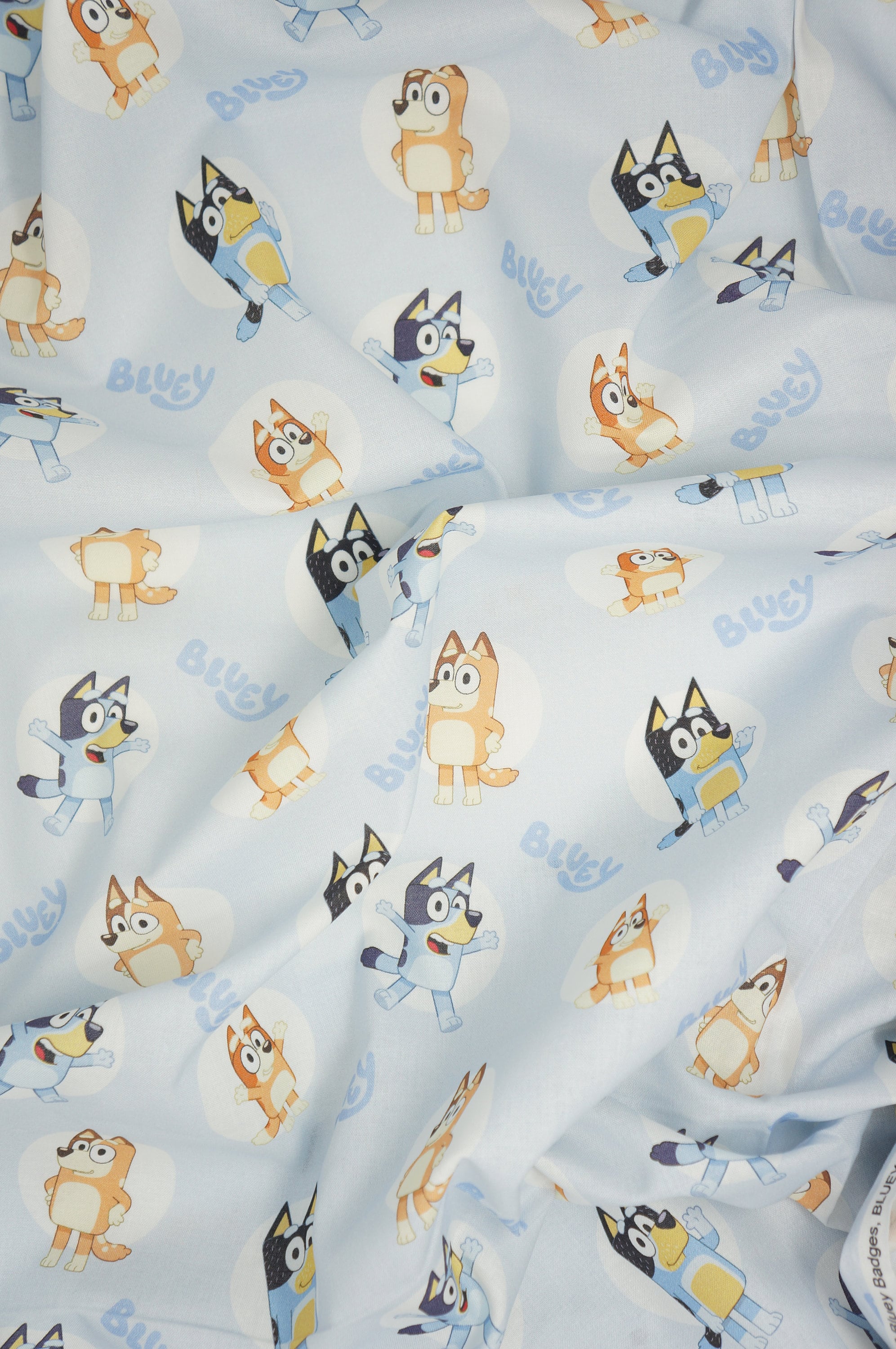 Bluey Fabric, Disney Junior Bluey and Bingo on Light Blue Licensed