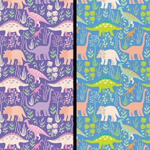 May include: A split-screen fabric pattern featuring two distinct colorways. The left side displays a purple background with light pink and cream dinosaurs and foliage. The right side shows a blue background with green and peach dinosaurs and foliage.