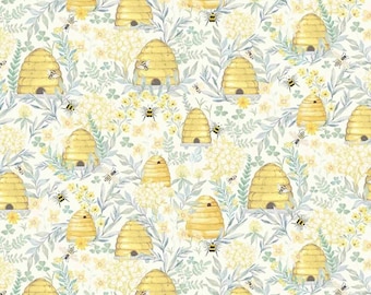 Honey Bee Fabric, Beehive Grove on Cream Home Sweet Home Collection by Timeless Treasures Quilting Cotton Fabric, Beehive Fabric