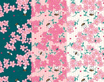 Valentine Floral Bee Fabric, Floral Sparkle in Teal, Blush or White with Gold Metallic Accents Riley Blake Quilting Cotton Fabric